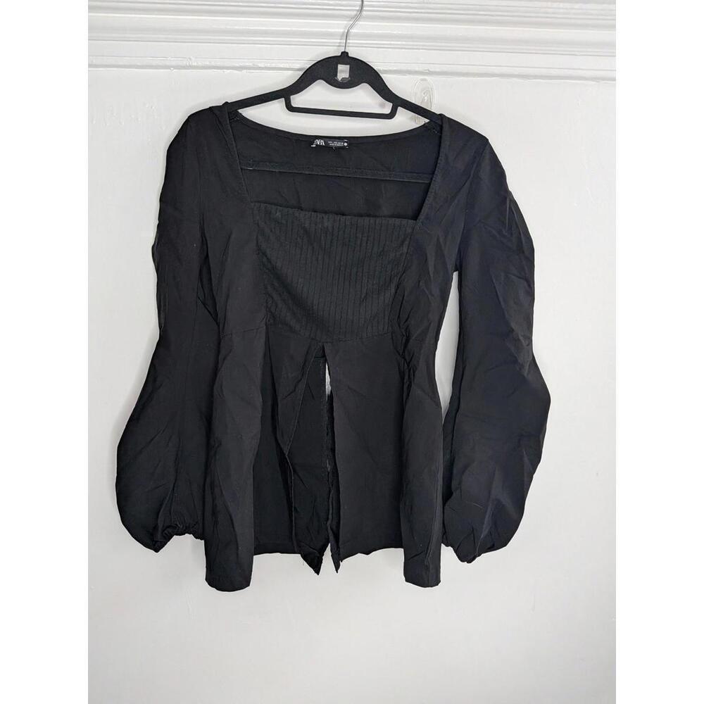 Zara Blouse Womens Large Black Square Neck Long Balloon Sleeve Pleated Top
